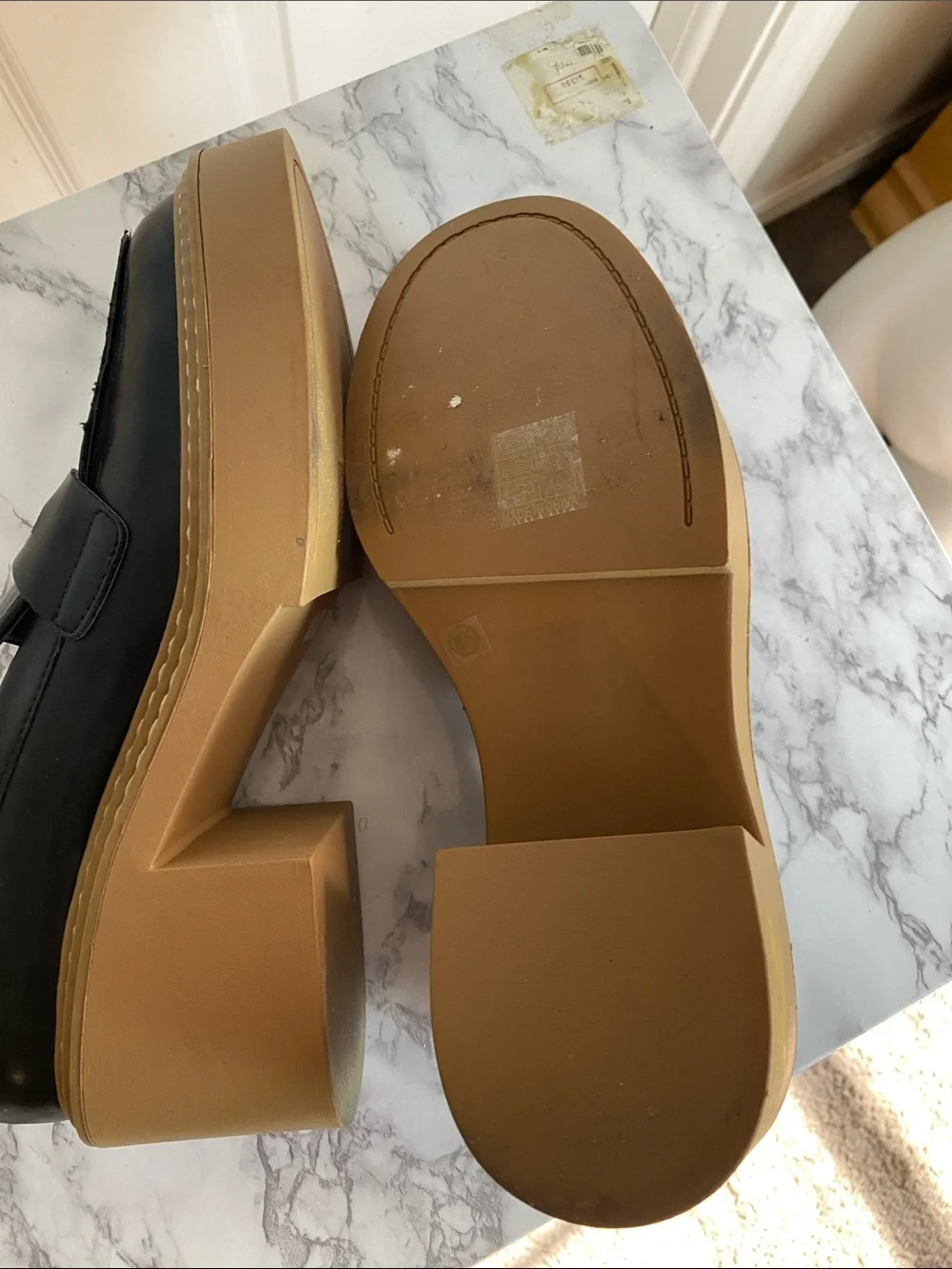 ShuShop Black Leather Platform Penny Loafers with Tan Sole Size 8.5 Chunky Block